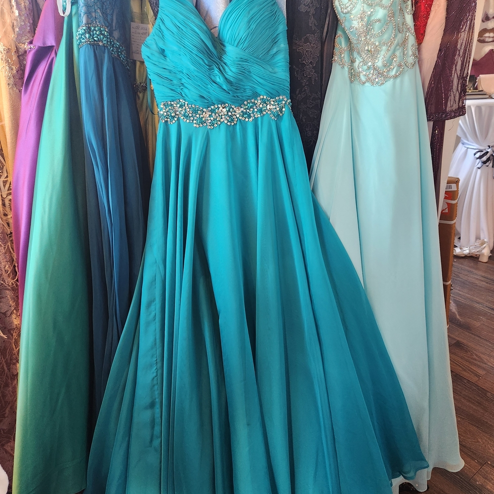 Splash Teal Prom Dress with Embellished Waist